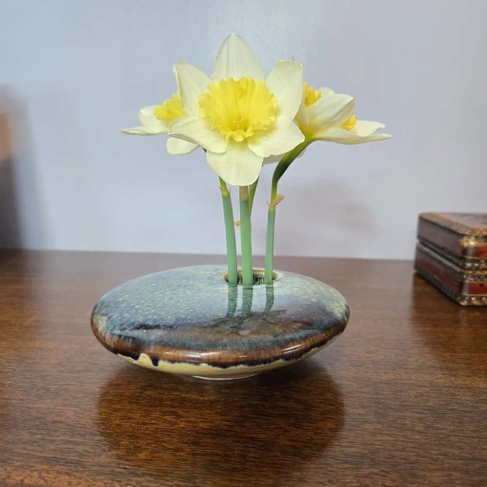 Vintage Ikebana Ceramic Blue Flower Frog Vase Handmade, Painted, Signed Gp 02